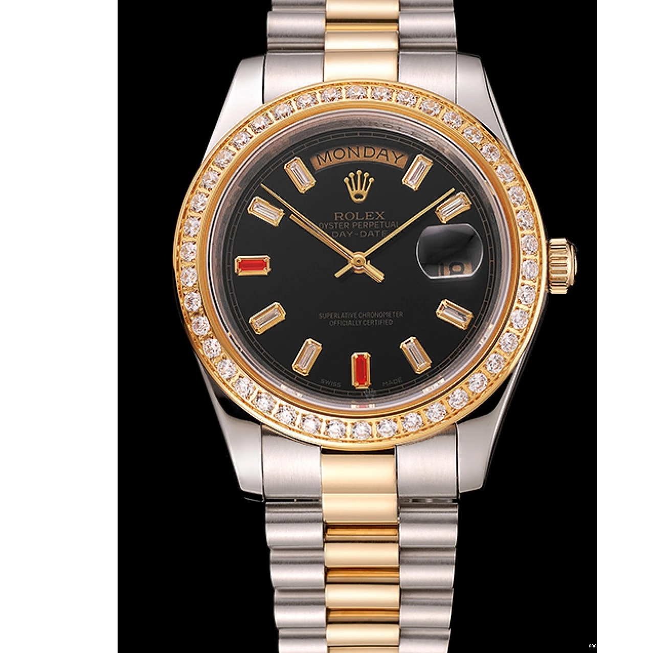 Aaa replica watch And 1454105 Two Bracelet Swiss Tone Rubies Dial Rolex Day-Date Diamonds Black 0814